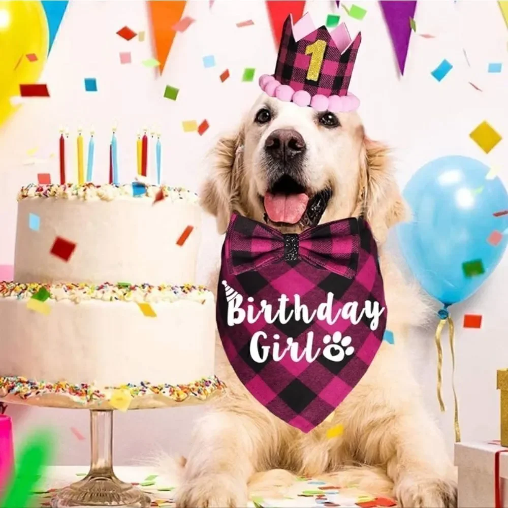 Dog Birthday Party Supplies, Plaid Dog Birthday Bandana Girl Pink